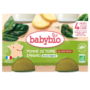 BABYBIO Pot Pomme de Terre Épinard Bio 2x130g Purée Bébé Dès 4 Mois Légumes Biologiques Sans Sel Ajouté