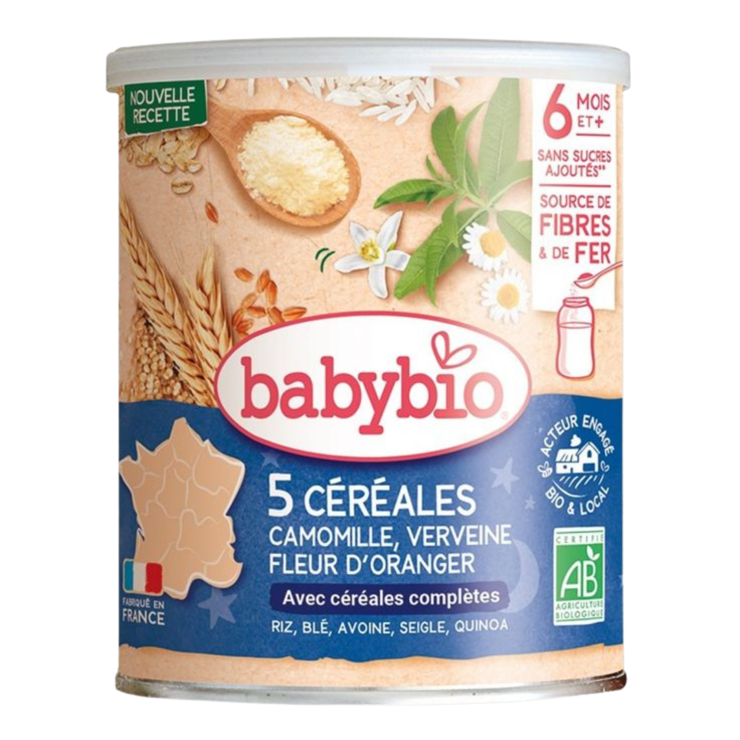BABYBIO 5 Céréales Verveine Fleur d'Oranger Camomille 220g Bio Céréales Bébé Dès 6 Mois Alimentation Infantile