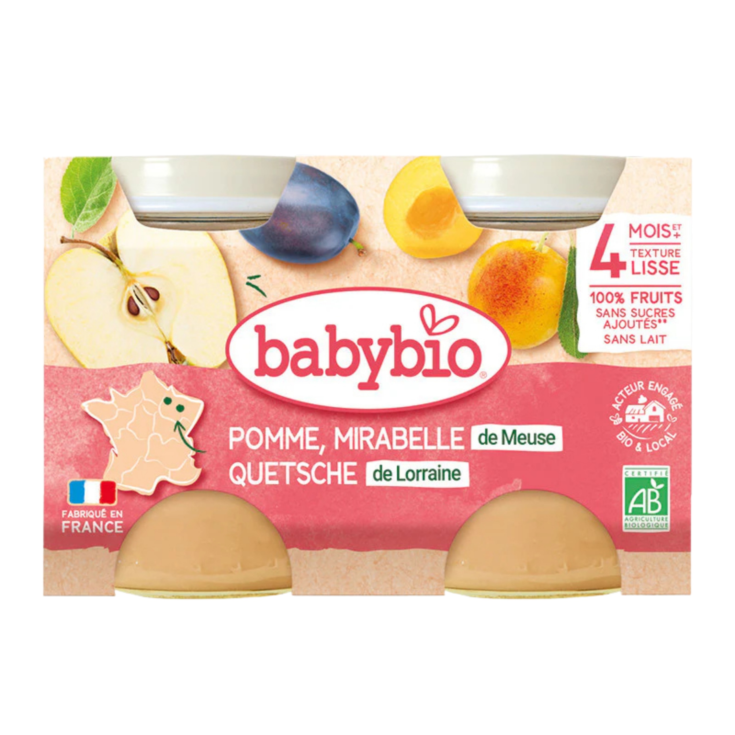 Pomme Mirabelle de Meuse Quetsche de Lorraine 4 mois 2x130g Babybio