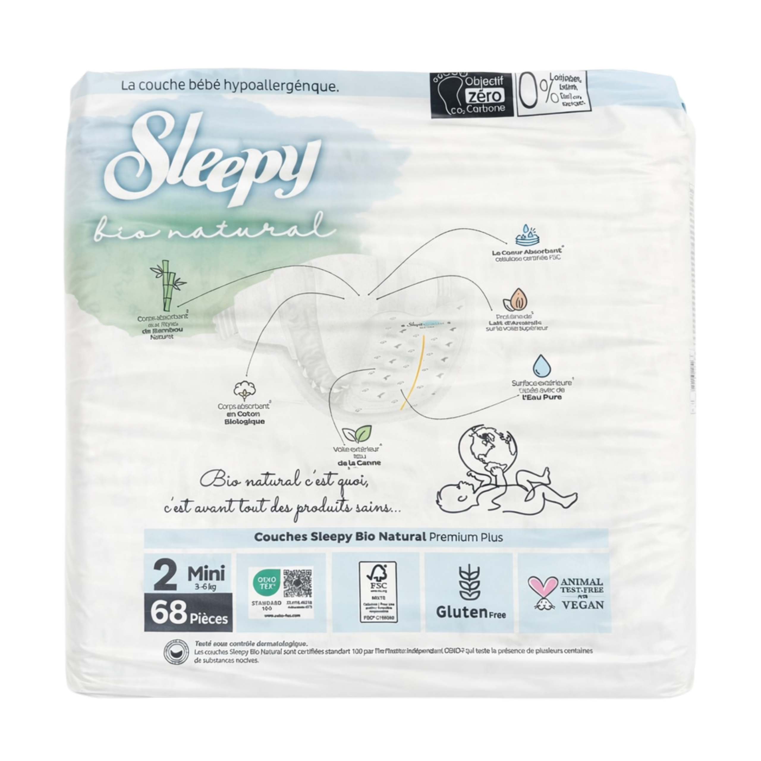 Sleepy Bio Natural Couches Taille 2 Mini 3-6kg 68 Pieces