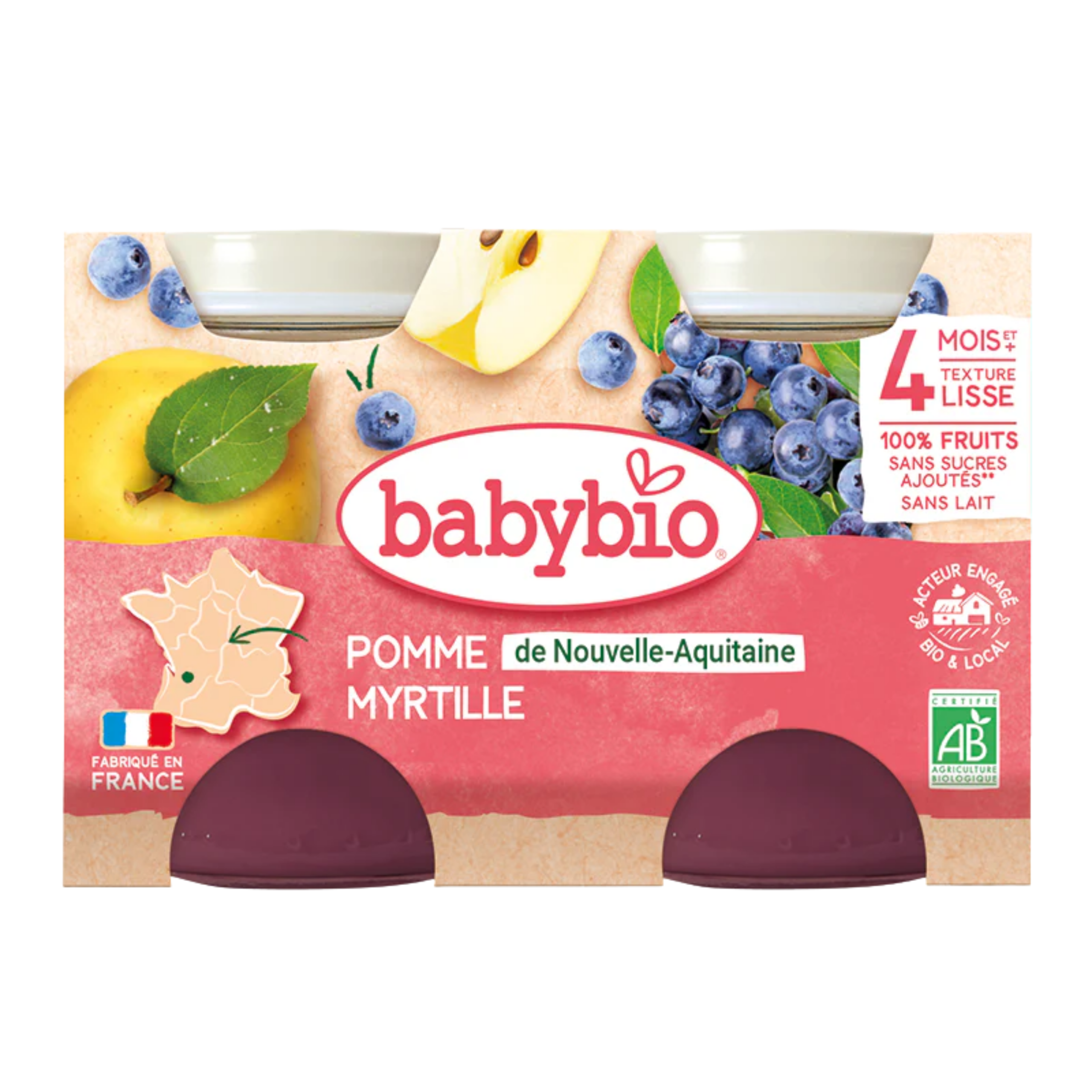 Babybio Petit Pot Pomme de Nouvelle-Aquitaine & Myrtille 2x 130g