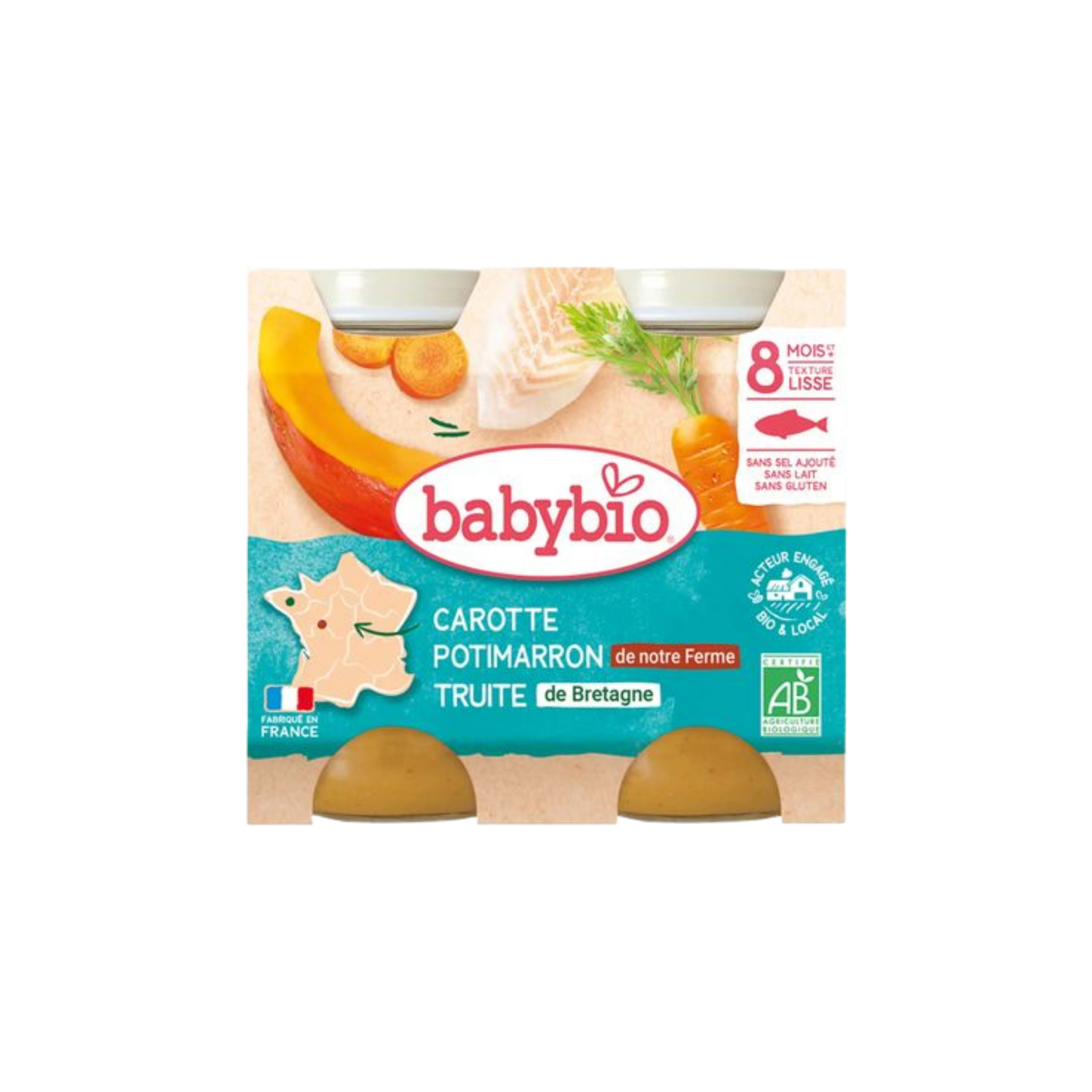 BABYBIO Pot Carotte Potimarron Truite 2x200g Bio Plat Bébé Dès 8 Mois