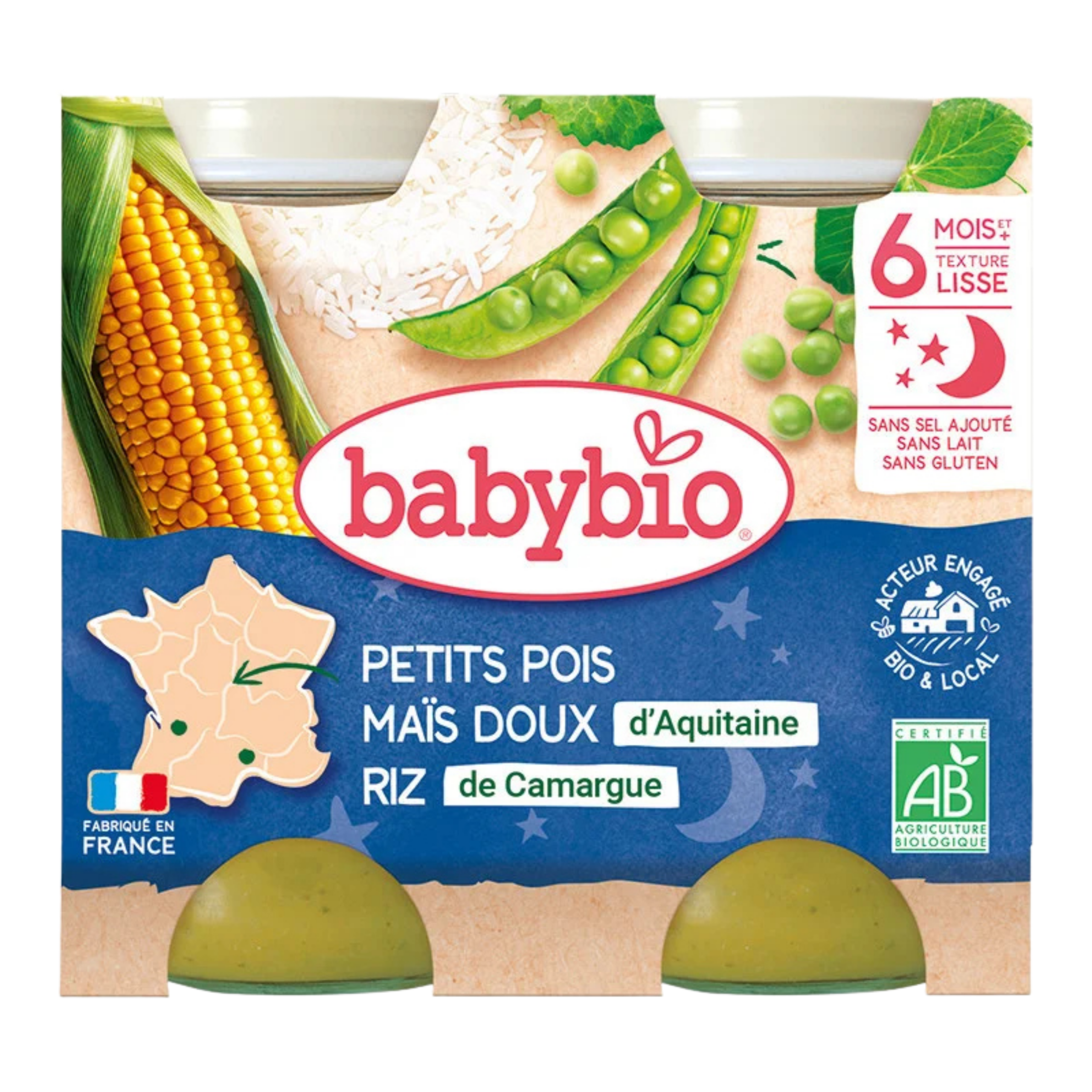 Babybio Petits Pois Maïs Doux d'Aquitaine Riz 2x200g 6m+ Babybio Petits Pois Maïs Doux d'Aquitaine Riz 2x200g 6m+