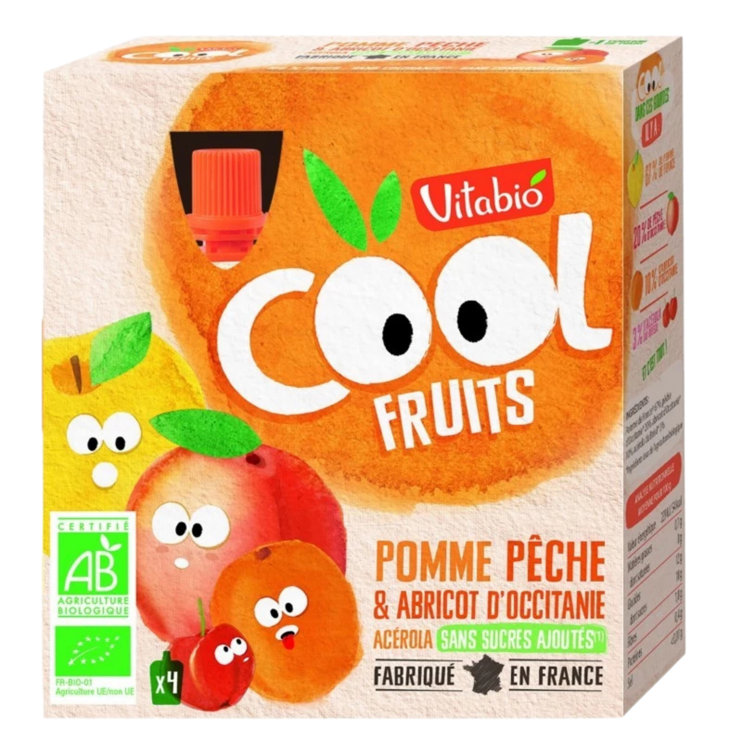 VITABIO – Cool Fruits Pomme, Pêche, Abricot D’occitanie Et Acérola Bio – 4x – 90g