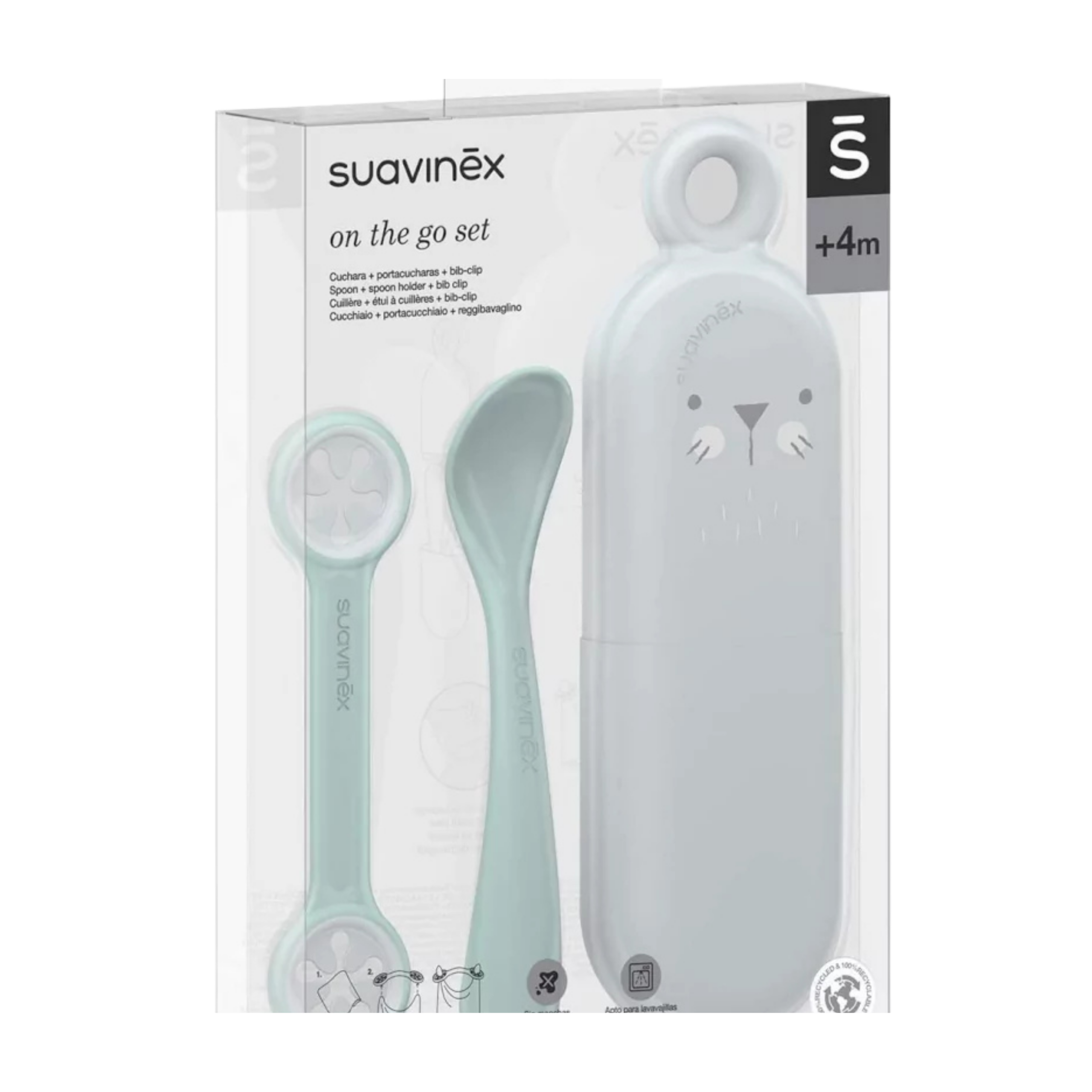 Suavinex Set Couverts On The Go. Set Étui, Cuillère, Attache Serviette 4m+ Rose