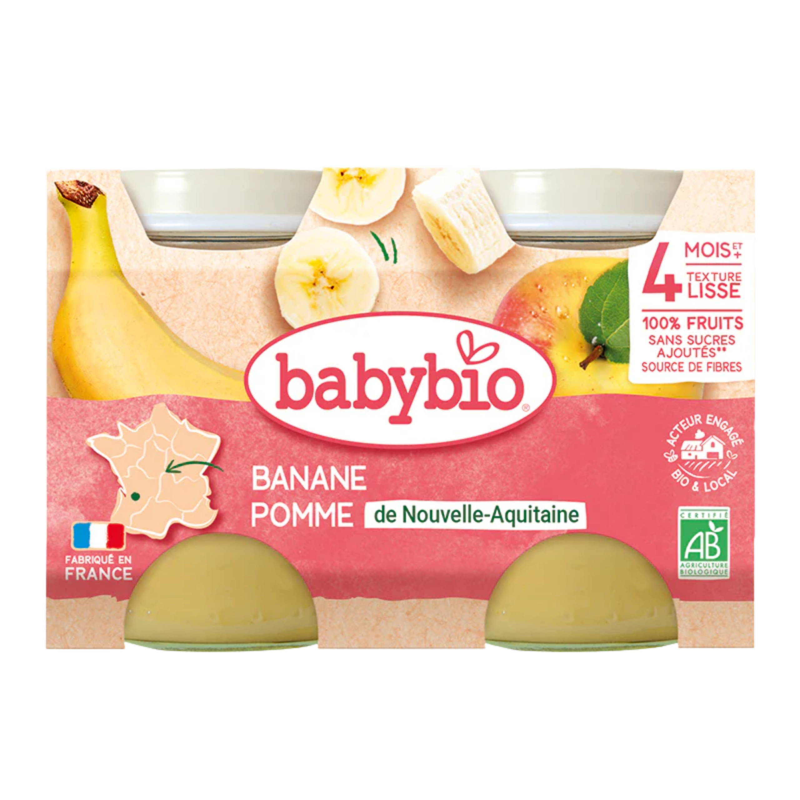 BABYBIO Petit Pot Pomme Banane Bio 2x130g Compote Fruits Bébé Dès 4 Mois Fruits Biologiques Sans Sucres Ajoutés